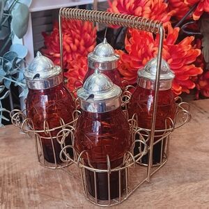 Vintage Cranberry Glass Cruet Set with Silver Tops
